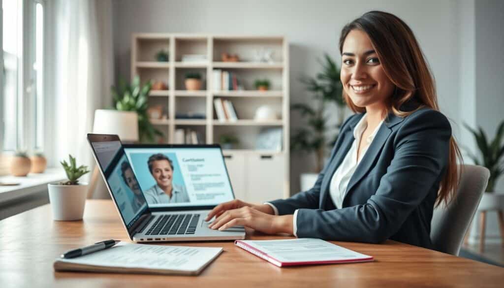 A confident businesswoman in a modern home office setting, wearing professional attire, sits at a sleek desk with a laptop open in front of her, demonstrating negotiation skills over a video call. The foreground features a notepad filled with notes and a pen nearby, symbolizing preparation. In the middle, the laptop screen shows a friendly face of a colleague, engaged in a discussion about contract terms. The background showcases a cozy yet professional ambiance, with bookshelves and plants enhancing the atmosphere. Soft, natural lighting illuminates the scene, creating a warm and inviting mood. The angle captures both the woman and her virtual counterpart, emphasizing a sense of collaboration and professionalism in remote work negotiations. A confident businesswoman in a modern home office setting, wearing professional attire, sits at a sleek desk with a laptop open in front of her, demonstrating negotiation skills over a video call. The foreground features a notepad filled with notes and a pen nearby, symbolizing preparation. In the middle, the laptop screen shows a friendly face of a colleague, engaged in a discussion about contract terms. The background showcases a cozy yet professional ambiance, with bookshelves and plants enhancing the atmosphere. Soft, natural lighting illuminates the scene, creating a warm and inviting mood. The angle captures both the woman and her virtual counterpart, emphasizing a sense of collaboration and professionalism in remote work negotiations.