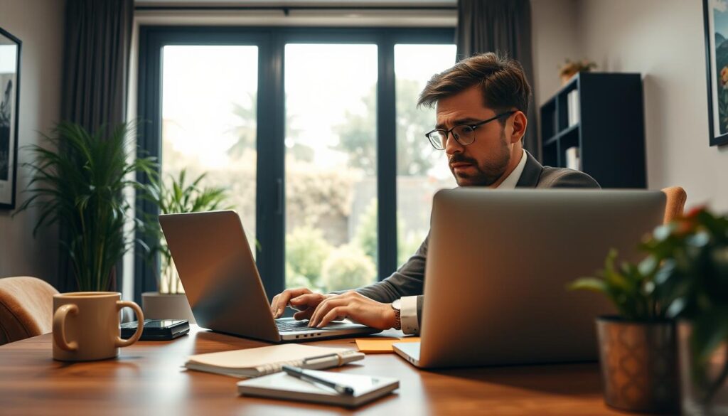 A contemporary home office setting, featuring a person in professional business attire sitting at a desk, focused on a laptop. The foreground includes a neatly organized workspace with a notepad, a coffee mug, and a plant. In the middle ground, the individual is engaged in a video call, with a slight look of concern, symbolizing the challenges of remote work. In the background, a large window lets in natural light, illuminating the room and providing a view of a serene garden, emphasizing the balance between productivity and a calm environment. The atmosphere is reflective and slightly tense, highlighting the importance of avoiding distractions and traps in remote work. Use a warm color palette to create an inviting yet serious mood. A contemporary home office setting, featuring a person in professional business attire sitting at a desk, focused on a laptop. The foreground includes a neatly organized workspace with a notepad, a coffee mug, and a plant. In the middle ground, the individual is engaged in a video call, with a slight look of concern, symbolizing the challenges of remote work. In the background, a large window lets in natural light, illuminating the room and providing a view of a serene garden, emphasizing the balance between productivity and a calm environment. The atmosphere is reflective and slightly tense, highlighting the importance of avoiding distractions and traps in remote work. Use a warm color palette to create an inviting yet serious mood.