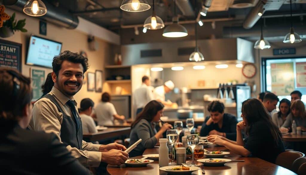 A cozy, bustling restaurant scene showcasing a diverse group of employees working together during evening hours. In the foreground, a smiling waiter in professional attire takes an order from a customer at a table, while in the middle background, a chef skillfully prepares dishes in an open kitchen, framed by bright, warm lighting that enhances the friendly atmosphere. Soft, ambient lights hang from the ceiling, casting a gentle glow over the patrons enjoying their meals. The walls are adorned with colorful menus and cheerful decorations, emphasizing the vibrant energy of the gastronomic environment. Capture a sense of community, flexibility, and the opportunity for extra income in the welcoming ambiance of this lively eatery. A cozy, bustling restaurant scene showcasing a diverse group of employees working together during evening hours. In the foreground, a smiling waiter in professional attire takes an order from a customer at a table, while in the middle background, a chef skillfully prepares dishes in an open kitchen, framed by bright, warm lighting that enhances the friendly atmosphere. Soft, ambient lights hang from the ceiling, casting a gentle glow over the patrons enjoying their meals. The walls are adorned with colorful menus and cheerful decorations, emphasizing the vibrant energy of the gastronomic environment. Capture a sense of community, flexibility, and the opportunity for extra income in the welcoming ambiance of this lively eatery.