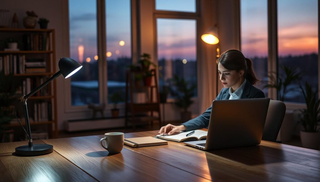 A cozy home office illuminated by the warm glow of a desk lamp, casting soft shadows across a wooden table. In the foreground, a person in professional business attire is seated at a laptop, focused on their work, with a notebook and a cup of coffee beside them. The midground features a bookshelf filled with books and plants, while a large window in the background reveals a serene evening landscape with soft twilight hues. The scene is bathed in a calming atmosphere, highlighting the balance of productivity and relaxation that online work offers at night. The composition should convey a sense of tranquility and focus, utilizing soft lighting to create an inviting workspace. A cozy home office illuminated by the warm glow of a desk lamp, casting soft shadows across a wooden table. In the foreground, a person in professional business attire is seated at a laptop, focused on their work, with a notebook and a cup of coffee beside them. The midground features a bookshelf filled with books and plants, while a large window in the background reveals a serene evening landscape with soft twilight hues. The scene is bathed in a calming atmosphere, highlighting the balance of productivity and relaxation that online work offers at night. The composition should convey a sense of tranquility and focus, utilizing soft lighting to create an inviting workspace.