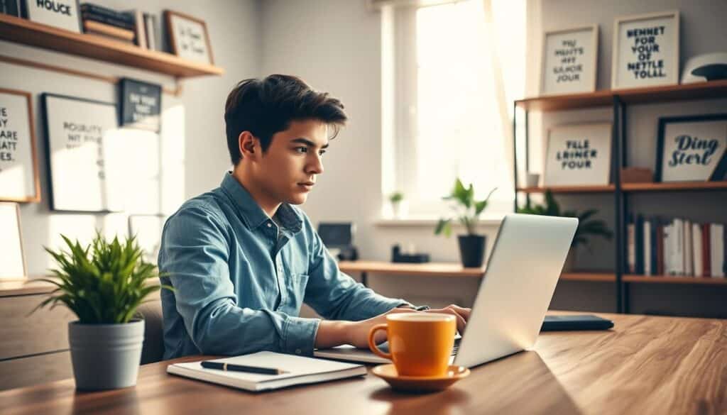 A cozy home office scene depicting a beginner exploring online job opportunities. In the foreground, a young adult, dressed in professional casual attire, sits at a stylish desk, intently browsing on a laptop. The middle layer features tools of the trade: a notepad, a cup of coffee, and a potted plant, creating an inviting workspace. The background shows soft sunlight filtering through a window, illuminating the room with a warm glow. Shelves lined with books and motivational quotes create a professional atmosphere. The mood is focused and optimistic, evoking a sense of possibility and ambition. The composition is well-lit and balanced, emphasizing the determination of someone starting their journey to find remote work. A cozy home office scene depicting a beginner exploring online job opportunities. In the foreground, a young adult, dressed in professional casual attire, sits at a stylish desk, intently browsing on a laptop. The middle layer features tools of the trade: a notepad, a cup of coffee, and a potted plant, creating an inviting workspace. The background shows soft sunlight filtering through a window, illuminating the room with a warm glow. Shelves lined with books and motivational quotes create a professional atmosphere. The mood is focused and optimistic, evoking a sense of possibility and ambition. The composition is well-lit and balanced, emphasizing the determination of someone starting their journey to find remote work.