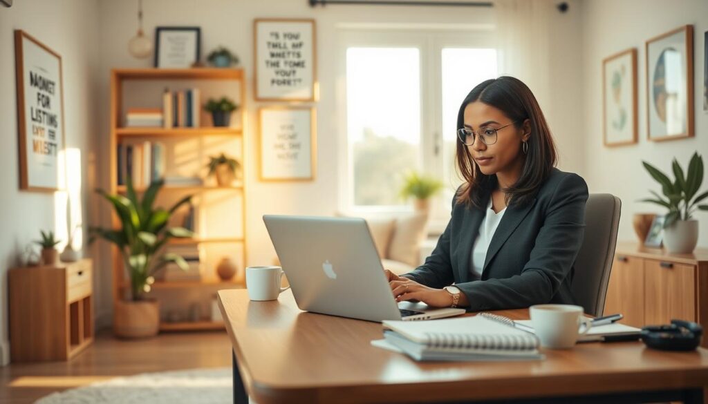 A cozy home office scene depicting a mother working remotely. In the foreground, a focused woman in professional business attire is seated at a stylish wooden desk, using a laptop. She has a look of concentration while managing her time with a planner and a cup of coffee beside her. The middle ground features organized shelves with books, a potted plant, and motivational quotes framed on the wall, enhancing the sense of productivity. In the background, warm natural light streams through a large window, creating a calming atmosphere. The room is decorated in soft pastel colors, promoting a peaceful yet inspiring work environment. The overall mood is one of balance and efficiency, reflecting the theme of remote work for parents. A cozy home office scene depicting a mother working remotely. In the foreground, a focused woman in professional business attire is seated at a stylish wooden desk, using a laptop. She has a look of concentration while managing her time with a planner and a cup of coffee beside her. The middle ground features organized shelves with books, a potted plant, and motivational quotes framed on the wall, enhancing the sense of productivity. In the background, warm natural light streams through a large window, creating a calming atmosphere. The room is decorated in soft pastel colors, promoting a peaceful yet inspiring work environment. The overall mood is one of balance and efficiency, reflecting the theme of remote work for parents.
