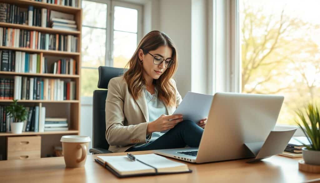 A cozy home office scene depicting remote work on a weekend. In the foreground, a professional-looking woman in comfortable business casual attire sits at a sleek desk, intently filling out online surveys on her laptop. A stylish notebook and a cup of coffee are nearby, emphasizing productivity and relaxation. In the middle ground, a large window reveals a sunny day outside, with trees gently swaying in the breeze, suggesting a serene atmosphere. The background features bookshelves filled with books on market research and consumer behavior, enhancing the subject matter. Soft, natural lighting brightens the space, creating a warm and inviting mood, while a slight depth of field focuses on the woman, blurring the background to enhance visual interest. A cozy home office scene depicting remote work on a weekend. In the foreground, a professional-looking woman in comfortable business casual attire sits at a sleek desk, intently filling out online surveys on her laptop. A stylish notebook and a cup of coffee are nearby, emphasizing productivity and relaxation. In the middle ground, a large window reveals a sunny day outside, with trees gently swaying in the breeze, suggesting a serene atmosphere. The background features bookshelves filled with books on market research and consumer behavior, enhancing the subject matter. Soft, natural lighting brightens the space, creating a warm and inviting mood, while a slight depth of field focuses on the woman, blurring the background to enhance visual interest.