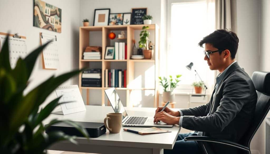 A cozy home office scene featuring a beginner-friendly remote work environment. In the foreground, a young adult dressed in smart casual attire sits at a modern desk, engaging with a laptop while taking notes on a notepad. Nearby, a potted plant adds greenery, enhancing the workspace's inviting atmosphere. In the middle, a stylish bookshelf with organized books and inspiring decor creates a productive vibe. The background shows a bright window with soft, natural light illuminating the room, casting gentle shadows that evoke a sense of calm. The mood is focused yet relaxed, encouraging concentration and creativity. Emphasize the elements that convey preparation for remote work, like a calendar and a coffee mug, without any clutter. A cozy home office scene featuring a beginner-friendly remote work environment. In the foreground, a young adult dressed in smart casual attire sits at a modern desk, engaging with a laptop while taking notes on a notepad. Nearby, a potted plant adds greenery, enhancing the workspace's inviting atmosphere. In the middle, a stylish bookshelf with organized books and inspiring decor creates a productive vibe. The background shows a bright window with soft, natural light illuminating the room, casting gentle shadows that evoke a sense of calm. The mood is focused yet relaxed, encouraging concentration and creativity. Emphasize the elements that convey preparation for remote work, like a calendar and a coffee mug, without any clutter.