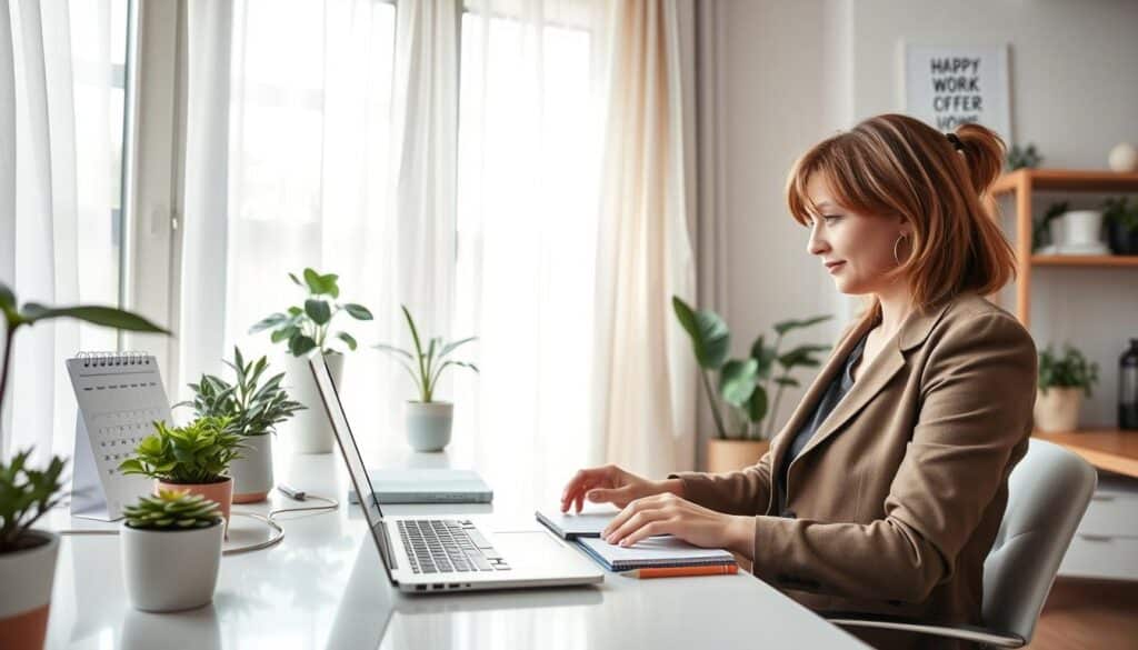 A cozy home office scene filled with natural light, showcasing a mother working remotely. In the foreground, a woman in a smart casual outfit, sitting at a stylish desk with a laptop, notepad, and a cup of coffee, deeply focused on her work. In the middle, a well-organized workspace with plants, a calendar, and motivational quotes on the wall. The background features a bright window with sheer curtains, letting in soft sunlight, creating a warm and inviting atmosphere. The overall mood is productive and serene, highlighting the balance between professional tasks and a home environment. The scene captures the essence of remote work tools, emphasizing organization and comfort. A cozy home office scene filled with natural light, showcasing a mother working remotely. In the foreground, a woman in a smart casual outfit, sitting at a stylish desk with a laptop, notepad, and a cup of coffee, deeply focused on her work. In the middle, a well-organized workspace with plants, a calendar, and motivational quotes on the wall. The background features a bright window with sheer curtains, letting in soft sunlight, creating a warm and inviting atmosphere. The overall mood is productive and serene, highlighting the balance between professional tasks and a home environment. The scene captures the essence of remote work tools, emphasizing organization and comfort.