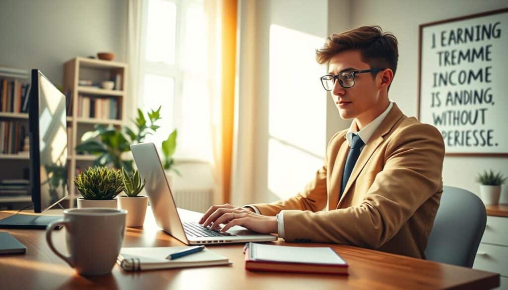 A cozy home office scene for remote work, featuring a young professional in smart casual attire, sitting at a desk with a laptop open. The foreground includes a coffee cup, notepad, and potted plant to add a touch of warmth. In the middle, there is the person focused on their work, with bright natural light coming through a window behind them. The background shows a well-organized bookshelf and a wall with inspirational art about remote work. The atmosphere is productive and inviting, conveying the idea of a space conducive to earning additional income without prior experience. The lighting is soft and warm, suggesting a pleasant afternoon. A cozy home office scene for remote work, featuring a young professional in smart casual attire, sitting at a desk with a laptop open. The foreground includes a coffee cup, notepad, and potted plant to add a touch of warmth. In the middle, there is the person focused on their work, with bright natural light coming through a window behind them. The background shows a well-organized bookshelf and a wall with inspirational art about remote work. The atmosphere is productive and inviting, conveying the idea of a space conducive to earning additional income without prior experience. The lighting is soft and warm, suggesting a pleasant afternoon.
