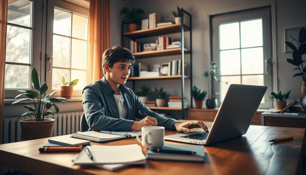 A cozy home office scene, illuminated by warm, natural light streaming through a large window. In the foreground, a young professional in smart casual attire is sitting at a stylish wooden desk, focused on writing a blog post on a sleek laptop. The desk is cluttered with creative materials like notebooks, pens, and a steaming cup of coffee. In the middle background, a bookshelf filled with various books and plants adds a touch of life to the space. The atmosphere is inviting and productive, depicting a sense of concentration and inspiration. Soft, ambient lighting enhances the cozy feeling while maintaining clarity and focus on the subject. The angle showcases both the person and the workspace, creating an engaging composition that reflects the theme of earning online through blogging. A cozy home office scene, illuminated by warm, natural light streaming through a large window. In the foreground, a young professional in smart casual attire is sitting at a stylish wooden desk, focused on writing a blog post on a sleek laptop. The desk is cluttered with creative materials like notebooks, pens, and a steaming cup of coffee. In the middle background, a bookshelf filled with various books and plants adds a touch of life to the space. The atmosphere is inviting and productive, depicting a sense of concentration and inspiration. Soft, ambient lighting enhances the cozy feeling while maintaining clarity and focus on the subject. The angle showcases both the person and the workspace, creating an engaging composition that reflects the theme of earning online through blogging.