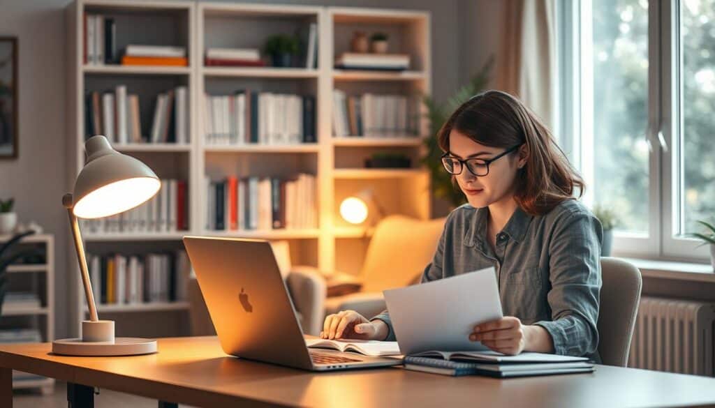 A cozy home office setting showcasing a balanced and productive remote work environment for students. In the foreground, a focused student in professional casual attire sits at a desk, thoughtfully managing time with a planner and a laptop open to various tabs. A bright desk lamp casts warm, inviting light over the workspace, enhancing the atmosphere of productivity. In the middle ground, a comfortable chair and neatly organized shelves filled with books and study materials create a harmonious backdrop. The background features a large window allowing soft daylight to flood the space, with subtle greenery visible outside, promoting a sense of calm and focus. The overall mood is serene yet energized, reflecting the importance of time management in remote work for students. A cozy home office setting showcasing a balanced and productive remote work environment for students. In the foreground, a focused student in professional casual attire sits at a desk, thoughtfully managing time with a planner and a laptop open to various tabs. A bright desk lamp casts warm, inviting light over the workspace, enhancing the atmosphere of productivity. In the middle ground, a comfortable chair and neatly organized shelves filled with books and study materials create a harmonious backdrop. The background features a large window allowing soft daylight to flood the space, with subtle greenery visible outside, promoting a sense of calm and focus. The overall mood is serene yet energized, reflecting the importance of time management in remote work for students.