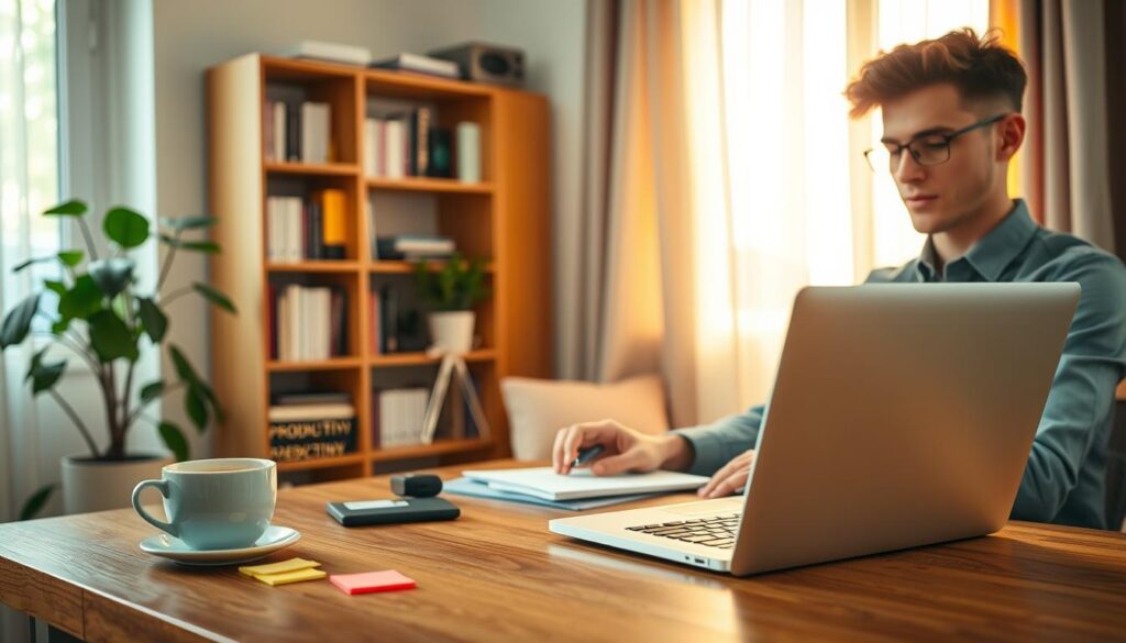 A cozy home office setting showcasing the concept of remote work, featuring a well-organized wooden desk with a laptop, a steaming cup of coffee, and colorful sticky notes. In the foreground, a young professional in smart casual attire is seated, focused and engaged in their work on the laptop. The middle ground highlights a bookshelf filled with books about productivity, and a plant adding a touch of nature. In the background, a window with soft natural light filtering through sheer curtains creates a warm and inviting ambiance. The overall mood reflects a sense of productivity and comfort, dispelling myths about remote work being lazy or unproductive. Soft, diffused lighting enhances the welcoming atmosphere, creating an inspiring space for work. A cozy home office setting showcasing the concept of remote work, featuring a well-organized wooden desk with a laptop, a steaming cup of coffee, and colorful sticky notes. In the foreground, a young professional in smart casual attire is seated, focused and engaged in their work on the laptop. The middle ground highlights a bookshelf filled with books about productivity, and a plant adding a touch of nature. In the background, a window with soft natural light filtering through sheer curtains creates a warm and inviting ambiance. The overall mood reflects a sense of productivity and comfort, dispelling myths about remote work being lazy or unproductive. Soft, diffused lighting enhances the welcoming atmosphere, creating an inspiring space for work.