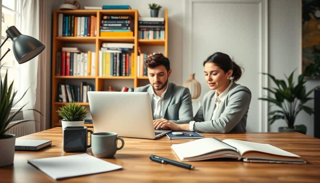 A cozy home office setting with a person seated at a modern desk, focused on their laptop. The foreground features a neatly organized workspace, including a notepad, a stylish mug, and a plant for a touch of greenery. In the middle, the individual, dressed in smart casual attire, showcases effective remote work skills like communication and time management. The background displays a vibrant bookshelf filled with business and self-help books, and a window letting in soft, natural light, enhancing the inviting atmosphere. The overall mood is professional yet relaxed, emphasizing the balance of productivity and comfort in remote work. The image is well-lit, capturing the essence of effective remote working environments. A cozy home office setting with a person seated at a modern desk, focused on their laptop. The foreground features a neatly organized workspace, including a notepad, a stylish mug, and a plant for a touch of greenery. In the middle, the individual, dressed in smart casual attire, showcases effective remote work skills like communication and time management. The background displays a vibrant bookshelf filled with business and self-help books, and a window letting in soft, natural light, enhancing the inviting atmosphere. The overall mood is professional yet relaxed, emphasizing the balance of productivity and comfort in remote work. The image is well-lit, capturing the essence of effective remote working environments.