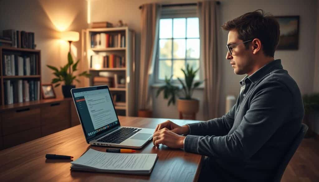 A cozy, well-lit home office setting, emphasizing an atmosphere of professionalism and warmth. In the foreground, a person in smart casual attire is seated at a modern wooden desk, focused intently on a laptop displaying audio transcription software. Next to the laptop, a notepad filled with handwritten notes and a highlighter can be seen, suggesting an organized workflow. In the middle ground, soft ambient lighting bathes the room, highlighting a bookshelf filled with books on communication and business. A potted plant adds a touch of greenery, enhancing the inviting mood. In the background, a window reveals a sunny day outside, symbolizing opportunity and growth, while gentle sunlight casts soothing shadows across the room. The overall atmosphere conveys a sense of engagement and connection in client relations. A cozy, well-lit home office setting, emphasizing an atmosphere of professionalism and warmth. In the foreground, a person in smart casual attire is seated at a modern wooden desk, focused intently on a laptop displaying audio transcription software. Next to the laptop, a notepad filled with handwritten notes and a highlighter can be seen, suggesting an organized workflow. In the middle ground, soft ambient lighting bathes the room, highlighting a bookshelf filled with books on communication and business. A potted plant adds a touch of greenery, enhancing the inviting mood. In the background, a window reveals a sunny day outside, symbolizing opportunity and growth, while gentle sunlight casts soothing shadows across the room. The overall atmosphere conveys a sense of engagement and connection in client relations.