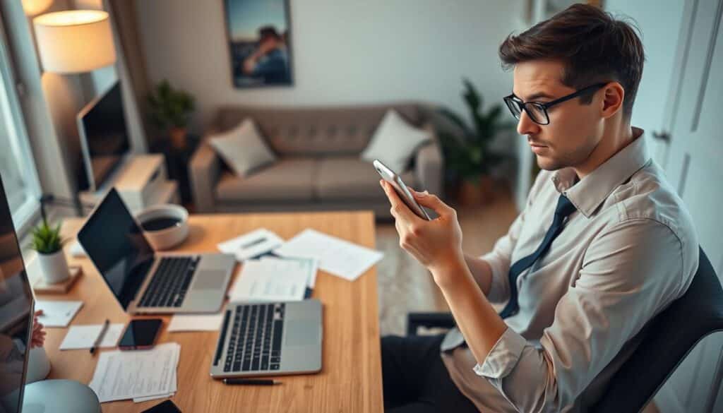 A focused scene depicting a modern professional working from home, using a smartphone for telecommuting. In the foreground, a person in business casual attire, sitting at a tidy desk, engages with their phone, displaying expressions of concentration and skepticism. The middle layer shows a cluttered desk with a laptop, papers, and notes about online job scams. In the background, a cozy living room with soft lighting, conveying a sense of comfort yet vigilance. Use a warm color palette to evoke a thoughtful atmosphere. The composition should capture the essence of the challenges and recognition of phone scams in remote work, highlighting the balance between opportunity and caution. An angle from slightly above to suggest a broader view of the scene. A focused scene depicting a modern professional working from home, using a smartphone for telecommuting. In the foreground, a person in business casual attire, sitting at a tidy desk, engages with their phone, displaying expressions of concentration and skepticism. The middle layer shows a cluttered desk with a laptop, papers, and notes about online job scams. In the background, a cozy living room with soft lighting, conveying a sense of comfort yet vigilance. Use a warm color palette to evoke a thoughtful atmosphere. The composition should capture the essence of the challenges and recognition of phone scams in remote work, highlighting the balance between opportunity and caution. An angle from slightly above to suggest a broader view of the scene.