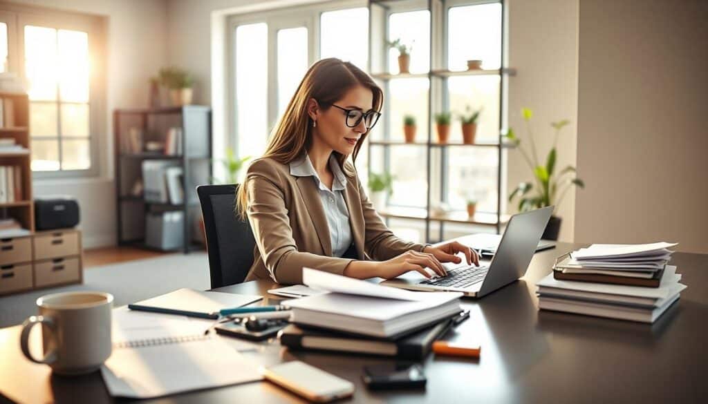 A modern home office scene focused on data entry, featuring a professional woman in business casual attire sitting at a sleek desk. She is using a laptop, surrounded by organized paperwork and digital tools like a tablet and a smartphone. The foreground includes a coffee mug and a digital notepad. In the middle, a large window allows natural light to illuminate the workspace, creating a warm, productive atmosphere. The background shows shelves with books and plants, adding to the cozy yet professional feel of the environment. The composition should have a soft focus on the background, highlighting the subject and the tools. The lighting is bright and inviting, with a hint of afternoon sun. A modern home office scene focused on data entry, featuring a professional woman in business casual attire sitting at a sleek desk. She is using a laptop, surrounded by organized paperwork and digital tools like a tablet and a smartphone. The foreground includes a coffee mug and a digital notepad. In the middle, a large window allows natural light to illuminate the workspace, creating a warm, productive atmosphere. The background shows shelves with books and plants, adding to the cozy yet professional feel of the environment. The composition should have a soft focus on the background, highlighting the subject and the tools. The lighting is bright and inviting, with a hint of afternoon sun.