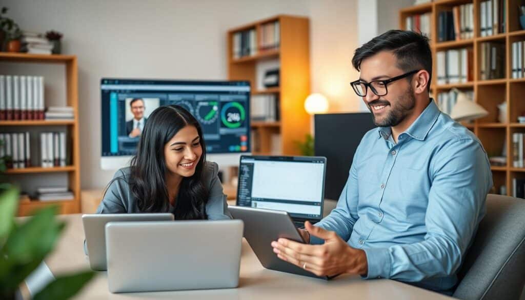 A modern home office setting featuring a diverse group of three professionals in business casual attire working collaboratively over their laptops. In the foreground, a woman with long dark hair interacts with a customer on a video call, displaying a supportive and friendly demeanor. Beside her, a man with glasses takes notes, showcasing the use of digital tools such as tablet and smartphone. The middle ground showcases a large computer monitor displaying technical support software with graphs and troubleshooting menus. The background includes bookshelves filled with technical manuals and a soft light from a desk lamp, creating a warm and inviting atmosphere. The mood is focused and productive, with a hint of teamwork and collaboration. Soft, diffused lighting enhances visibility and a sense of comfort. A modern home office setting featuring a diverse group of three professionals in business casual attire working collaboratively over their laptops. In the foreground, a woman with long dark hair interacts with a customer on a video call, displaying a supportive and friendly demeanor. Beside her, a man with glasses takes notes, showcasing the use of digital tools such as tablet and smartphone. The middle ground showcases a large computer monitor displaying technical support software with graphs and troubleshooting menus. The background includes bookshelves filled with technical manuals and a soft light from a desk lamp, creating a warm and inviting atmosphere. The mood is focused and productive, with a hint of teamwork and collaboration. Soft, diffused lighting enhances visibility and a sense of comfort.