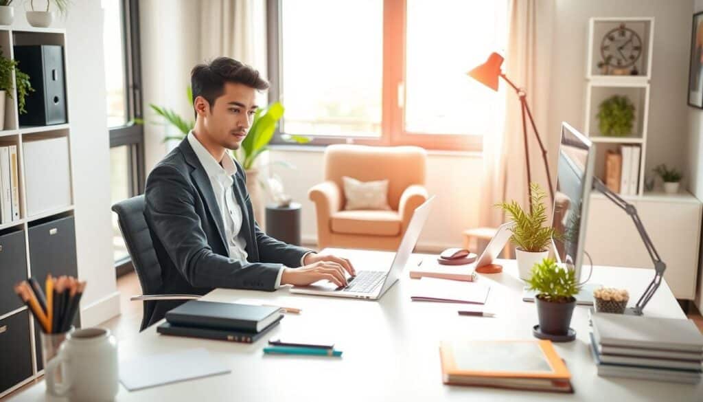 A modern home office setup focused on remote work for beginners. In the foreground, a young professional in smart casual attire is seated at a stylish desk, working on a laptop with a focused expression. Surrounding them are neatly organized office supplies and a fresh plant, conveying a productive atmosphere. In the middle ground, a cozy armchair is visible, suggesting a relaxed work environment, while a large window in the background lets in soft, natural light that creates a warm, inviting ambiance. The overall mood is one of motivation and accessibility, ideal for individuals considering remote work opportunities. The image should be bright and well-composed, capturing the essence of a beginner-friendly workspace. A modern home office setup focused on remote work for beginners. In the foreground, a young professional in smart casual attire is seated at a stylish desk, working on a laptop with a focused expression. Surrounding them are neatly organized office supplies and a fresh plant, conveying a productive atmosphere. In the middle ground, a cozy armchair is visible, suggesting a relaxed work environment, while a large window in the background lets in soft, natural light that creates a warm, inviting ambiance. The overall mood is one of motivation and accessibility, ideal for individuals considering remote work opportunities. The image should be bright and well-composed, capturing the essence of a beginner-friendly workspace.