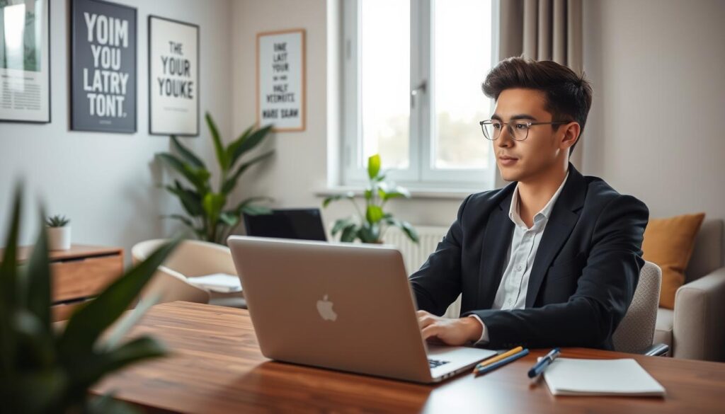 A modern home office setup with a young professional preparing for a remote job interview. In the foreground, a person dressed in smart casual attire, seated at a stylish desk with a laptop open, notes, and a notepad. They are looking at the screen with a focused expression. The middle section features a well-organized workspace with motivational posters on the wall, a plant for a touch of nature, and a soft, comfortable chair. In the background, a bright window allows natural light to fill the room, enhancing the inviting atmosphere. The overall mood is optimistic and professional, ideal for preparing for an important conversation. The image should capture a warm and encouraging environment conducive to remote recruitment processes. A modern home office setup with a young professional preparing for a remote job interview. In the foreground, a person dressed in smart casual attire, seated at a stylish desk with a laptop open, notes, and a notepad. They are looking at the screen with a focused expression. The middle section features a well-organized workspace with motivational posters on the wall, a plant for a touch of nature, and a soft, comfortable chair. In the background, a bright window allows natural light to fill the room, enhancing the inviting atmosphere. The overall mood is optimistic and professional, ideal for preparing for an important conversation. The image should capture a warm and encouraging environment conducive to remote recruitment processes.