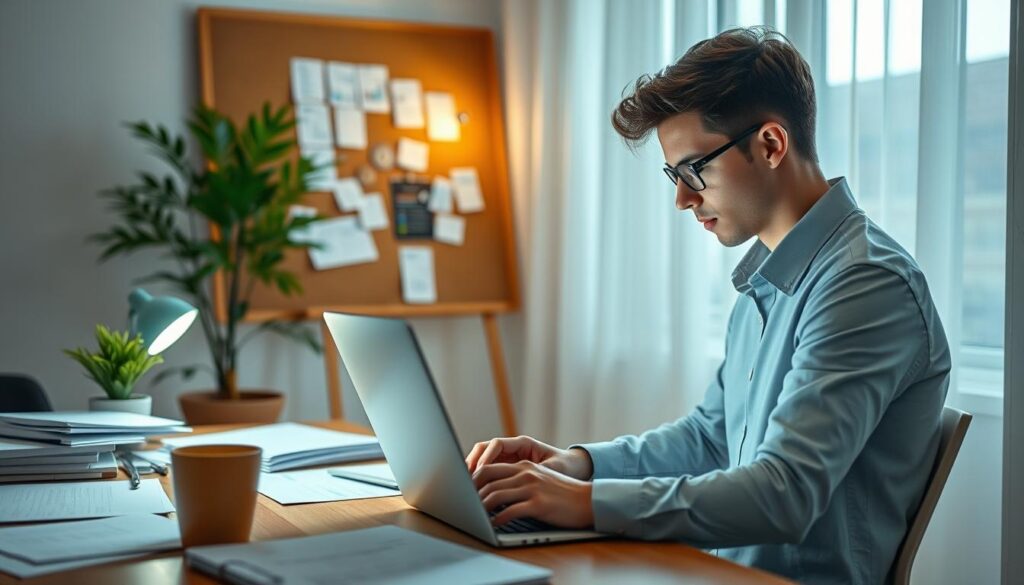A modern home office space featuring a young professional working diligently on a laptop, surrounded by organized paperwork, data spreadsheets, and a soothing indoor plant. The foreground showcases the individual, dressed in smart casual attire, focused and typing, with a bright desk lamp illuminating the scene. In the middle ground, a corkboard displays pinned notes and tasks, emphasizing the theme of data entry and project management. The background reveals a window with soft natural light filtering through sheer curtains, creating a warm and inviting atmosphere. The mood is one of productivity and concentration, evoking the essence of remote data entry work. A modern home office space featuring a young professional working diligently on a laptop, surrounded by organized paperwork, data spreadsheets, and a soothing indoor plant. The foreground showcases the individual, dressed in smart casual attire, focused and typing, with a bright desk lamp illuminating the scene. In the middle ground, a corkboard displays pinned notes and tasks, emphasizing the theme of data entry and project management. The background reveals a window with soft natural light filtering through sheer curtains, creating a warm and inviting atmosphere. The mood is one of productivity and concentration, evoking the essence of remote data entry work.