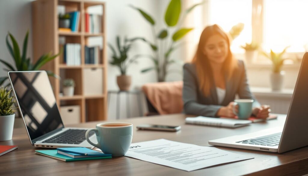 A modern, professional home office scene that reflects remote work opportunities. In the foreground, a well-organized desk with a laptop, colorful notepads, and a steaming cup of coffee, conveying a productive atmosphere. In the middle ground, an open, neatly printed CV and a smartphone displaying job applications. The background features a bright window allowing natural light to flood in, illuminating green plants and a calming bookshelf. Incorporate soft, warm lighting to create a welcoming environment. The overall mood should be inspiring and focused, promoting the potential of remote work and the importance of a strong CV. Ensure any individuals (if depicted) are in professional business attire, working diligently at the desk. A modern, professional home office scene that reflects remote work opportunities. In the foreground, a well-organized desk with a laptop, colorful notepads, and a steaming cup of coffee, conveying a productive atmosphere. In the middle ground, an open, neatly printed CV and a smartphone displaying job applications. The background features a bright window allowing natural light to flood in, illuminating green plants and a calming bookshelf. Incorporate soft, warm lighting to create a welcoming environment. The overall mood should be inspiring and focused, promoting the potential of remote work and the importance of a strong CV. Ensure any individuals (if depicted) are in professional business attire, working diligently at the desk.