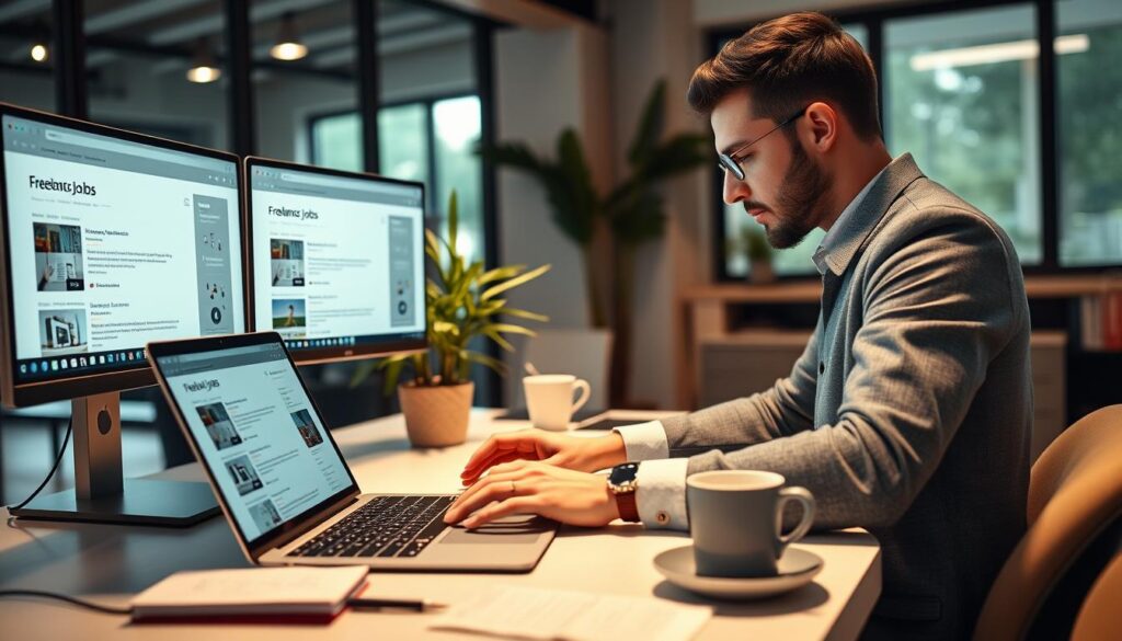 A modern workspace for remote freelancers, showcasing a stylish desk with a sleek laptop, multiple monitors displaying freelance job listings, and notes. In the foreground, a well-dressed professional typing intently, wearing smart casual clothing. The middle ground features an inviting indoor plant and a cup of coffee, creating a cozy atmosphere. The background has large windows allowing natural light to flood the space, illuminating the scene with a warm glow. The mood is focused and productive, conveying a sense of creativity and opportunity. Use a shallow depth of field to bring attention to the desk area while softly blurring the background elements. The overall composition should emphasize a blend of technology and comfort in a home office setting. A modern workspace for remote freelancers, showcasing a stylish desk with a sleek laptop, multiple monitors displaying freelance job listings, and notes. In the foreground, a well-dressed professional typing intently, wearing smart casual clothing. The middle ground features an inviting indoor plant and a cup of coffee, creating a cozy atmosphere. The background has large windows allowing natural light to flood the space, illuminating the scene with a warm glow. The mood is focused and productive, conveying a sense of creativity and opportunity. Use a shallow depth of field to bring attention to the desk area while softly blurring the background elements. The overall composition should emphasize a blend of technology and comfort in a home office setting.