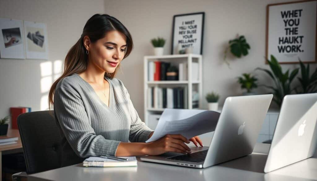 A professional, cozy home office environment focused on remote work. In the foreground, a mid-30s woman in modest casual attire sits at a sleek desk, intently reviewing job applications on a laptop. She has an engaged expression, with a notebook and pen beside her, hinting at active note-taking. In the middle ground, an organized bookshelf filled with business books and plants adds a touch of freshness. Soft natural light streams through a nearby window, creating a warm and inviting atmosphere. The background features a neutral wall adorned with motivational artwork. The overall mood is focused and productive, conveying the essence of navigating the recruitment process for remote work. A professional, cozy home office environment focused on remote work. In the foreground, a mid-30s woman in modest casual attire sits at a sleek desk, intently reviewing job applications on a laptop. She has an engaged expression, with a notebook and pen beside her, hinting at active note-taking. In the middle ground, an organized bookshelf filled with business books and plants adds a touch of freshness. Soft natural light streams through a nearby window, creating a warm and inviting atmosphere. The background features a neutral wall adorned with motivational artwork. The overall mood is focused and productive, conveying the essence of navigating the recruitment process for remote work.