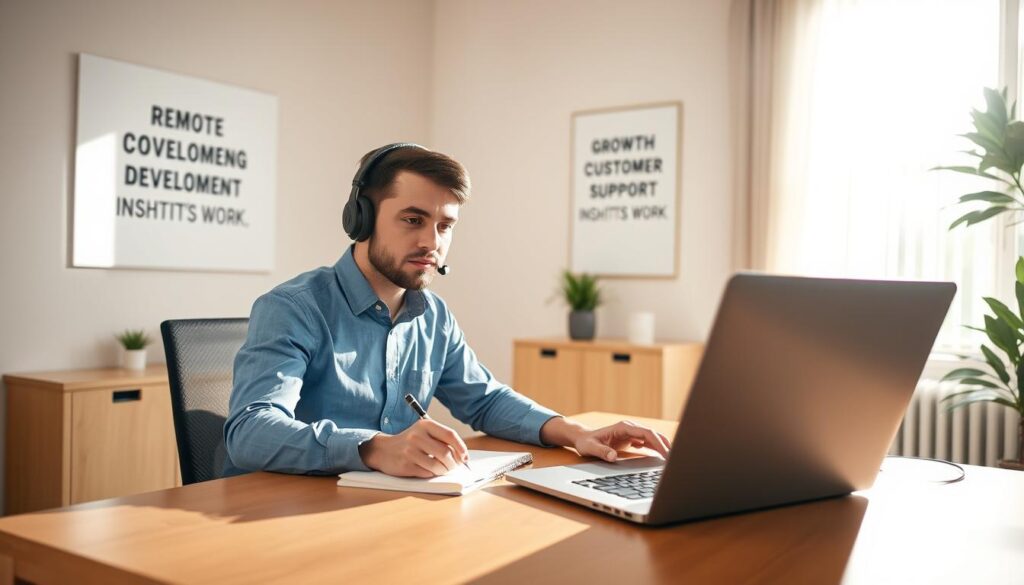 A professional remote customer service representative working at a bright, modern home office. In the foreground, a focused individual dressed in smart casual attire is sitting at a sleek desk, utilizing a laptop while taking notes on a notepad. The middle ground features an organized workspace with a motivational poster on the wall about growth and development in remote work. In the background, a large window allows natural sunlight to pour in, creating an uplifting atmosphere. The lighting is warm and inviting, casting soft shadows. The scene conveys a sense of professionalism, optimism, and the potential for career advancement in remote customer support. The composition captures a moment of engagement and productivity, emphasizing the importance of adaptability in this growing field. A professional remote customer service representative working at a bright, modern home office. In the foreground, a focused individual dressed in smart casual attire is sitting at a sleek desk, utilizing a laptop while taking notes on a notepad. The middle ground features an organized workspace with a motivational poster on the wall about growth and development in remote work. In the background, a large window allows natural sunlight to pour in, creating an uplifting atmosphere. The lighting is warm and inviting, casting soft shadows. The scene conveys a sense of professionalism, optimism, and the potential for career advancement in remote customer support. The composition captures a moment of engagement and productivity, emphasizing the importance of adaptability in this growing field.