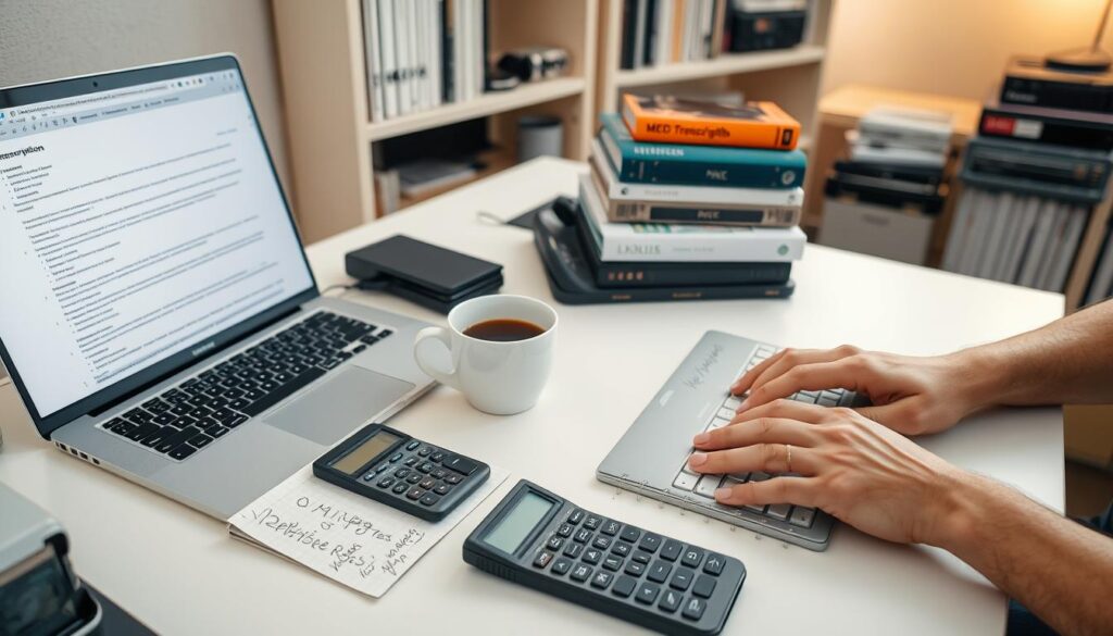 A professional workspace focused on transcription, featuring a clean desk with a modern laptop open to a transcription document. In the foreground, a pair of hands typing on the keyboard, while next to it lies a notepad filled with handwritten notes and a calculator displaying potential rates. In the middle ground, a coffee cup sits beside a neatly organized stack of audio recording devices. The background includes a well-lit bookshelf filled with reference books on transcription and audio editing. The scene is bright, with soft, warm lighting that creates a welcoming atmosphere. The angle is slightly overhead, capturing both the hands and the entire desk layout, evoking a sense of productivity and professionalism. A professional workspace focused on transcription, featuring a clean desk with a modern laptop open to a transcription document. In the foreground, a pair of hands typing on the keyboard, while next to it lies a notepad filled with handwritten notes and a calculator displaying potential rates. In the middle ground, a coffee cup sits beside a neatly organized stack of audio recording devices. The background includes a well-lit bookshelf filled with reference books on transcription and audio editing. The scene is bright, with soft, warm lighting that creates a welcoming atmosphere. The angle is slightly overhead, capturing both the hands and the entire desk layout, evoking a sense of productivity and professionalism.