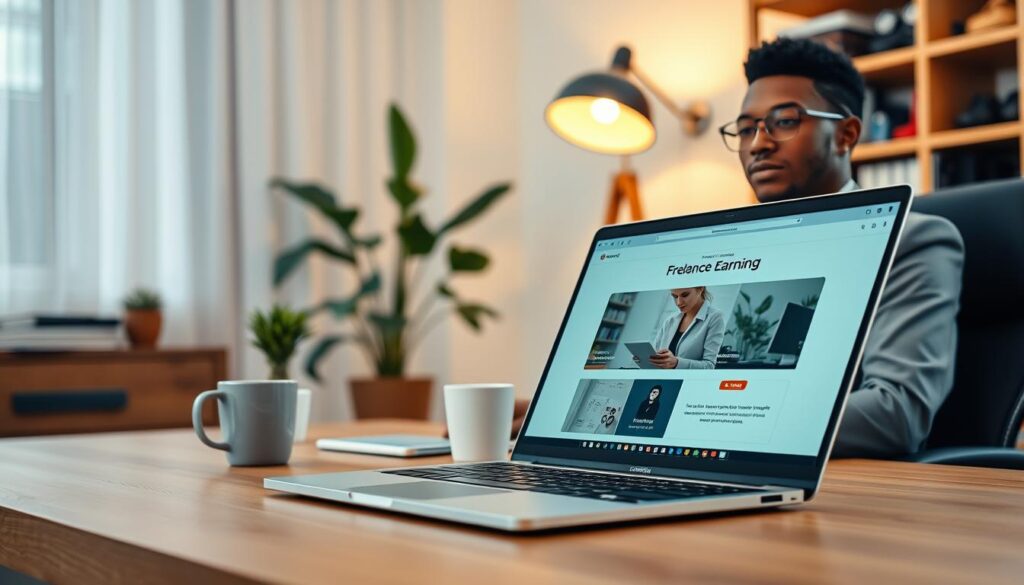A serene home office environment showcasing a professional workspace focused on online earning. In the foreground, a sleek laptop with an open screen displaying a secure website for freelance opportunities. A person of diverse descent, dressed in smart casual attire, sits attentively at the desk, exuding a sense of concentration and professionalism. The middle ground features a calming indoor plant and a coffee mug, contributing to a cozy atmosphere. The background showcases soft, warm lighting from a desk lamp, casting gentle shadows, and a softly blurred bookshelf filled with business books and protective gear, emphasizing the concept of online work safety. The overall mood is focused and secure, inspiring trust in the online working environment. A serene home office environment showcasing a professional workspace focused on online earning. In the foreground, a sleek laptop with an open screen displaying a secure website for freelance opportunities. A person of diverse descent, dressed in smart casual attire, sits attentively at the desk, exuding a sense of concentration and professionalism. The middle ground features a calming indoor plant and a coffee mug, contributing to a cozy atmosphere. The background showcases soft, warm lighting from a desk lamp, casting gentle shadows, and a softly blurred bookshelf filled with business books and protective gear, emphasizing the concept of online work safety. The overall mood is focused and secure, inspiring trust in the online working environment.