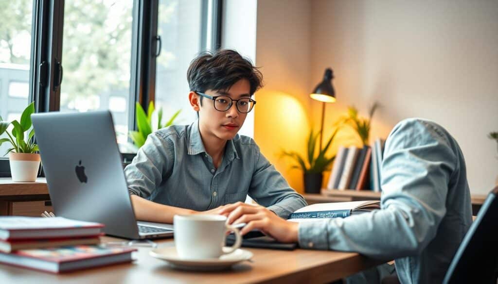 A student working remotely at a modern desk environment, surrounded by books and a laptop, with a cup of coffee beside them. The foreground features a young person of Asian descent, dressed in casual but professional attire, focused intently on the screen. The middle includes a well-organized workspace with educational materials and stationery, showcasing productivity. In the background, a sunny window with plants adds a refreshing touch, symbolizing a positive work atmosphere. The lighting is warm and inviting, suggesting a comfortable and motivating workspace. The angle is slightly from above, offering a view of the student’s concentration and determination, reflecting the benefits of remote work for future career development. The overall mood is inspiring and encouraging. A student working remotely at a modern desk environment, surrounded by books and a laptop, with a cup of coffee beside them. The foreground features a young person of Asian descent, dressed in casual but professional attire, focused intently on the screen. The middle includes a well-organized workspace with educational materials and stationery, showcasing productivity. In the background, a sunny window with plants adds a refreshing touch, symbolizing a positive work atmosphere. The lighting is warm and inviting, suggesting a comfortable and motivating workspace. The angle is slightly from above, offering a view of the student’s concentration and determination, reflecting the benefits of remote work for future career development. The overall mood is inspiring and encouraging.