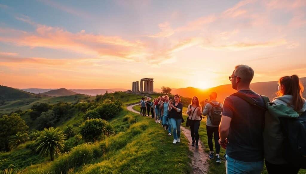 A vibrant sunset scene showcasing a group of diverse individuals leading a guided tour through a picturesque landscape. In the foreground, a charismatic tour guide, dressed in smart casual attire, enthusiastically gestures toward an ancient monument. The middle ground features a small group of tourists, engaged and taking photos, all wearing comfortable travel clothing. Lush greenery and a winding path lead to rolling hills in the background, bathed in warm golden and pink hues of dusk. Soft, diffused lighting enhances the peaceful atmosphere, while a slight lens flare adds a dreamy quality to the scene. Create an inviting mood that conveys the enjoyment of evening tours and the excitement of exploring new places. A vibrant sunset scene showcasing a group of diverse individuals leading a guided tour through a picturesque landscape. In the foreground, a charismatic tour guide, dressed in smart casual attire, enthusiastically gestures toward an ancient monument. The middle ground features a small group of tourists, engaged and taking photos, all wearing comfortable travel clothing. Lush greenery and a winding path lead to rolling hills in the background, bathed in warm golden and pink hues of dusk. Soft, diffused lighting enhances the peaceful atmosphere, while a slight lens flare adds a dreamy quality to the scene. Create an inviting mood that conveys the enjoyment of evening tours and the excitement of exploring new places.